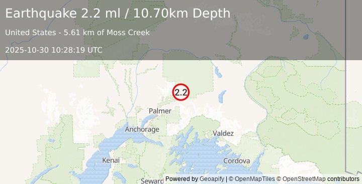 Earthquake 25 km NNE of Chickaloon, Alaska (2.2 ml) (2025-10-30 10:28:19 UTC)