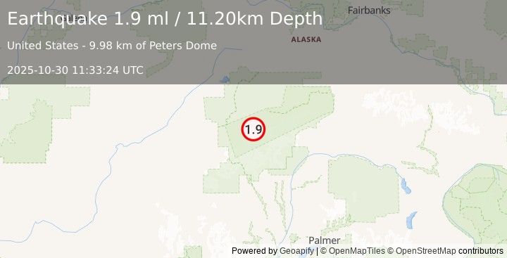 Earthquake 42 km SSE of Denali National Park, Alaska (1.9 ml) (2025-10-30 11:33:24 UTC)