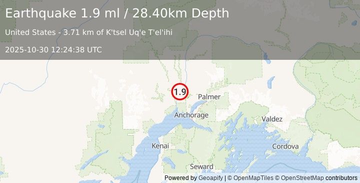 Earthquake 19 km NNE of Susitna, Alaska (1.9 ml) (2025-10-30 12:24:38 UTC)