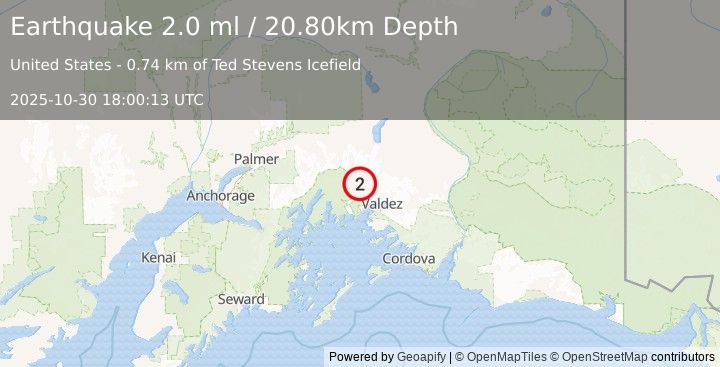 Earthquake 34 km NW of Valdez, Alaska (2.0 ml) (2025-10-30 18:00:13 UTC)