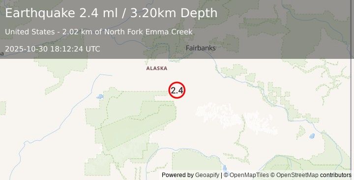 Earthquake 16 km E of Ferry, Alaska (2.4 ml) (2025-10-30 18:12:24 UTC)
