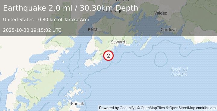 Earthquake 54 km ESE of Fox River, Alaska (2.0 ml) (2025-10-30 19:15:02 UTC)