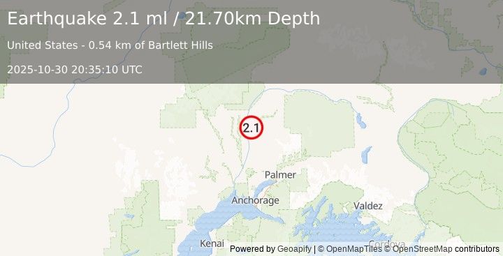 Earthquake 6 km SE of Talkeetna, Alaska (2.1 ml) (2025-10-30 20:35:10 UTC)