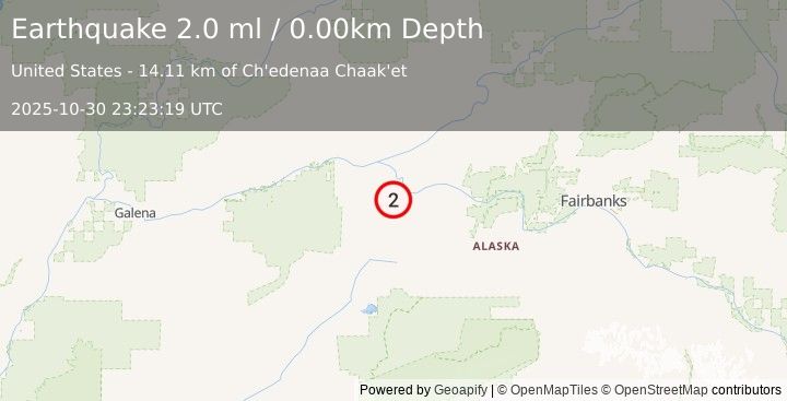 Earthquake 53 km WSW of Manley Hot Springs, Alaska (1.9 ml) (2025-10-30 23:23:20 UTC)