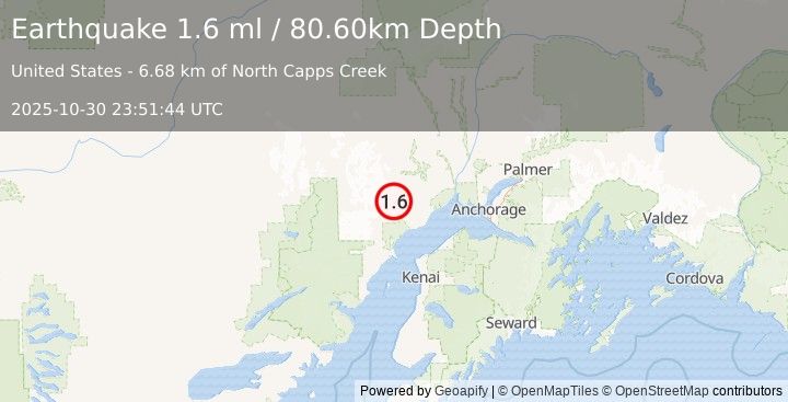 Earthquake 41 km WNW of Beluga, Alaska (1.6 ml) (2025-10-30 23:51:44 UTC)