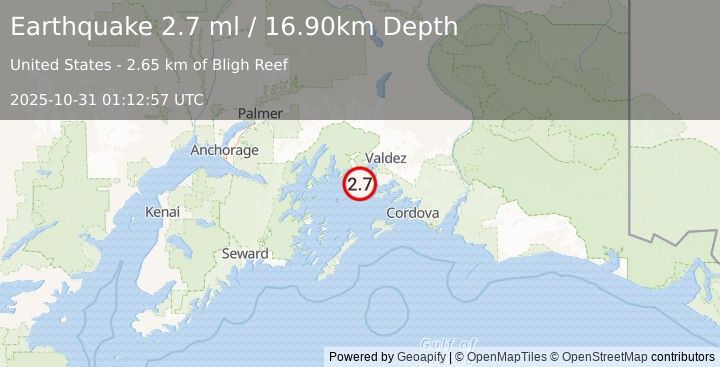Earthquake 13 km W of Tatitlek, Alaska (2.7 ml) (2025-10-31 01:12:57 UTC)