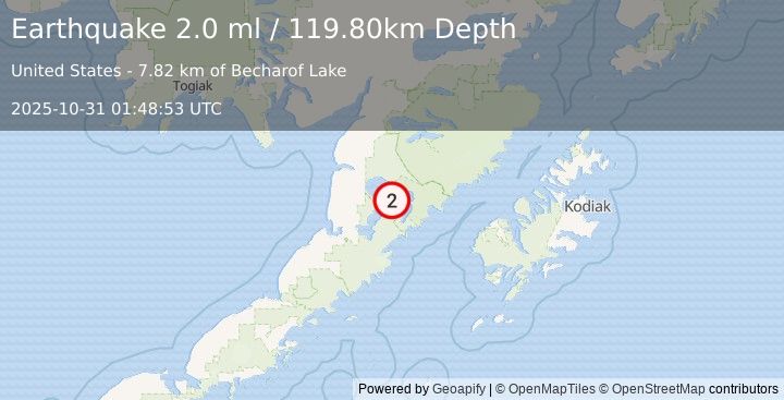 Earthquake 72 km SE of Egegik, Alaska (2.0 ml) (2025-10-31 01:48:53 UTC)
