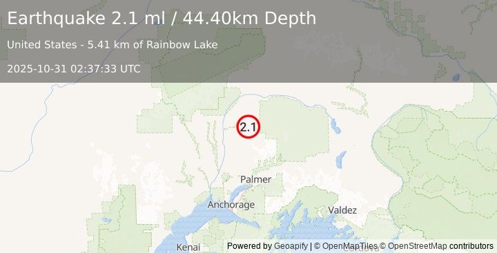 Earthquake 36 km NE of Susitna North, Alaska (2.1 ml) (2025-10-31 02:37:33 UTC)