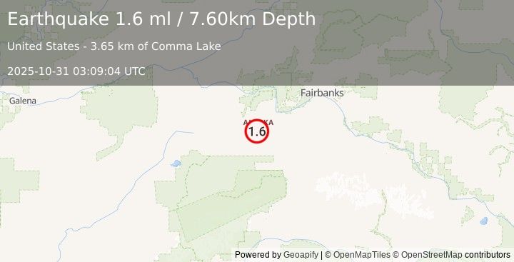 Earthquake 25 km W of Anderson, Alaska (1.6 ml) (2025-10-31 03:09:04 UTC)