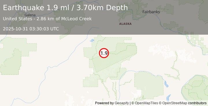 Earthquake 22 km ESE of Denali National Park, Alaska (1.9 ml) (2025-10-31 03:30:03 UTC)