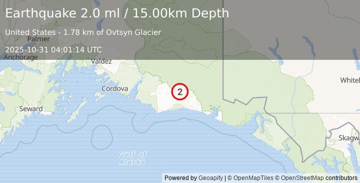 Earthquake 106 km S of McCarthy, Alaska (2.0 ml) (2025-10-31 04:01:14 UTC)