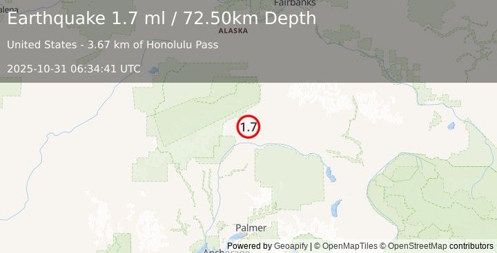 Earthquake 35 km SSW of Cantwell, Alaska (1.7 ml) (2025-10-31 06:34:41 UTC)