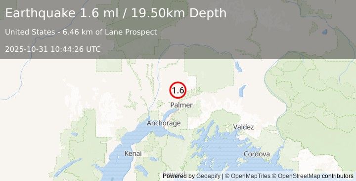 Earthquake 17 km N of Fishhook, Alaska (1.6 ml) (2025-10-31 10:44:26 UTC)