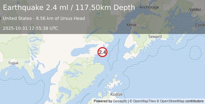 Earthquake 47 km SE of Pedro Bay, Alaska (2.4 ml) (2025-10-31 12:55:38 UTC)