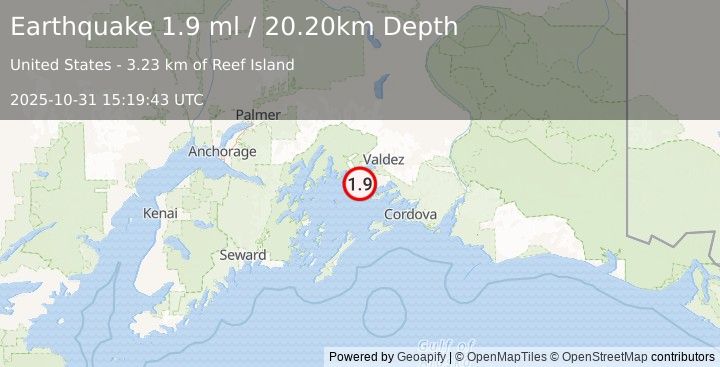 Earthquake 10 km W of Tatitlek, Alaska (1.9 ml) (2025-10-31 15:19:43 UTC)