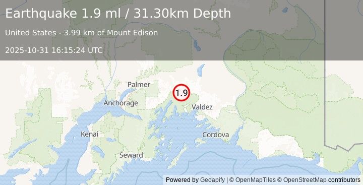 Earthquake 47 km SSE of Glacier View, Alaska (1.9 ml) (2025-10-31 16:15:24 UTC)