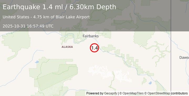 Earthquake 27 km WSW of Salcha, Alaska (1.4 ml) (2025-10-31 16:57:49 UTC)