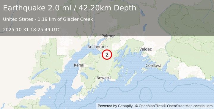 Earthquake 1 km WSW of Girdwood, Alaska (2.0 ml) (2025-10-31 18:25:49 UTC)