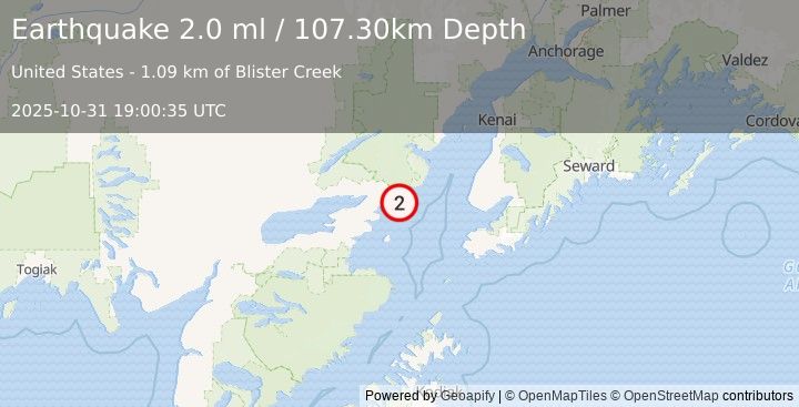Earthquake 51 km E of Pedro Bay, Alaska (2.0 ml) (2025-10-31 19:00:35 UTC)