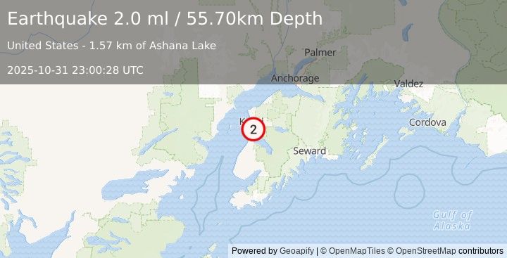 Earthquake 5 km ENE of Kalifornsky, Alaska (2.0 ml) (2025-10-31 23:00:28 UTC)