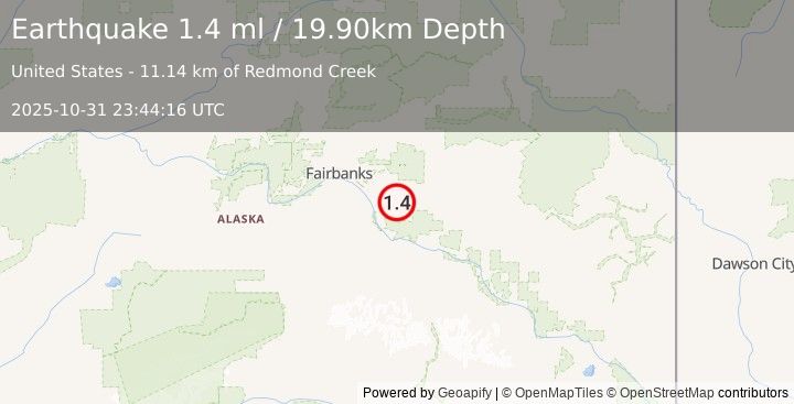 Earthquake 17 km ENE of Salcha, Alaska (1.4 ml) (2025-10-31 23:44:16 UTC)