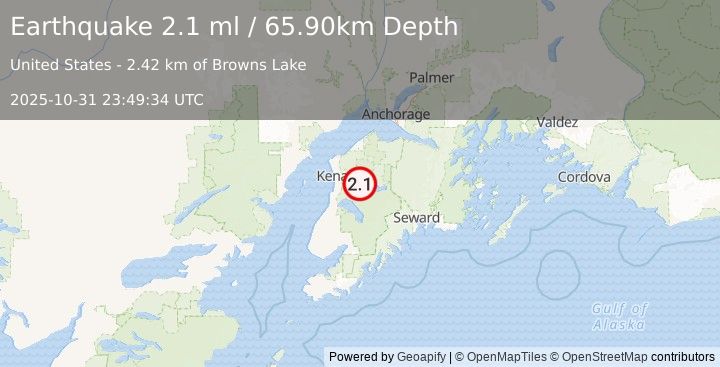 Earthquake 9 km SE of Funny River, Alaska (2.3 ml) (2025-10-31 23:49:35 UTC)