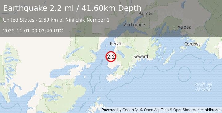 Earthquake 7 km NE of Ninilchik, Alaska (2.2 ml) (2025-11-01 00:02:40 UTC)