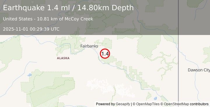 Earthquake 19 km ENE of Salcha, Alaska (1.4 ml) (2025-11-01 00:29:39 UTC)