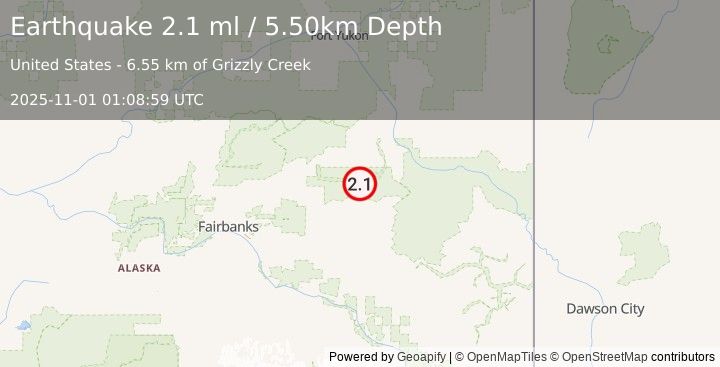 Earthquake 37 km SSE of Central, Alaska (2.1 ml) (2025-11-01 01:08:58 UTC)