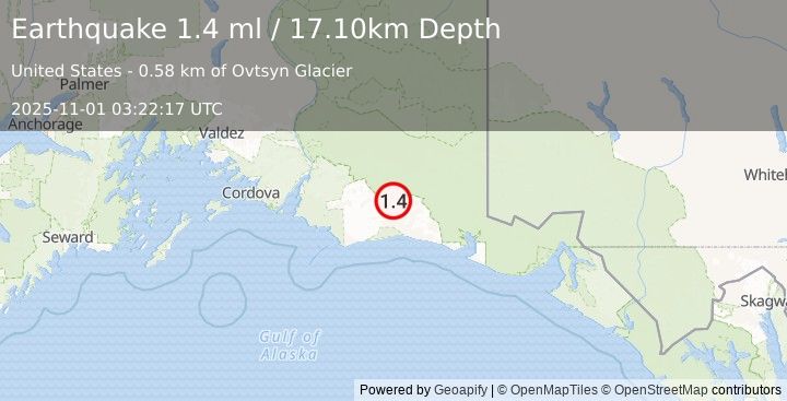 Earthquake 108 km S of McCarthy, Alaska (1.4 ml) (2025-11-01 03:22:17 UTC)