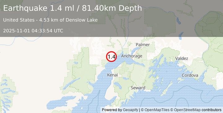 Earthquake 14 km WNW of Beluga, Alaska (1.4 ml) (2025-11-01 04:33:54 UTC)