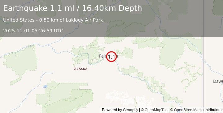 Earthquake 2 km NE of Badger, Alaska (1.1 ml) (2025-11-01 05:26:59 UTC)