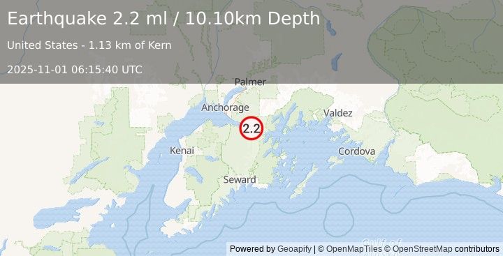 Earthquake 7 km SE of Girdwood, Alaska (2.2 ml) (2025-11-01 06:15:40 UTC)