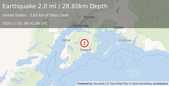 Earthquake 9 km W of Crown Point, Alaska (2.0 ml) (2025-11-01 06:41:09 UTC)