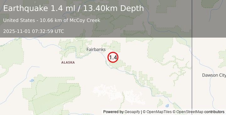 Earthquake 19 km ENE of Salcha, Alaska (1.4 ml) (2025-11-01 07:32:59 UTC)
