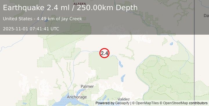 Earthquake 85 km NW of Lake Louise, Alaska (2.4 ml) (2025-11-01 07:41:41 UTC)