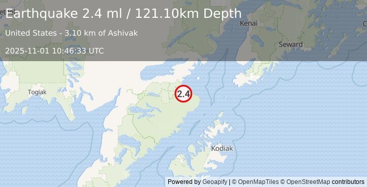 Earthquake 61 km SE of Kokhanok, Alaska (2.4 ml) (2025-11-01 10:46:33 UTC)