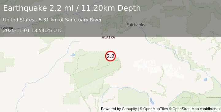 Earthquake 26 km SW of Ferry, Alaska (2.2 ml) (2025-11-01 13:54:25 UTC)