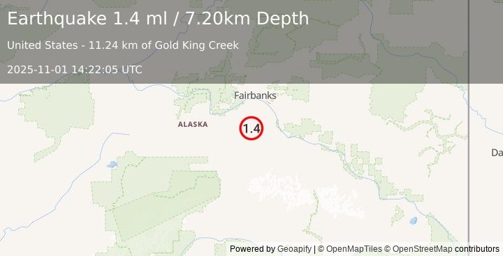 Earthquake 46 km SSW of North Pole, Alaska (1.4 ml) (2025-11-01 14:22:05 UTC)