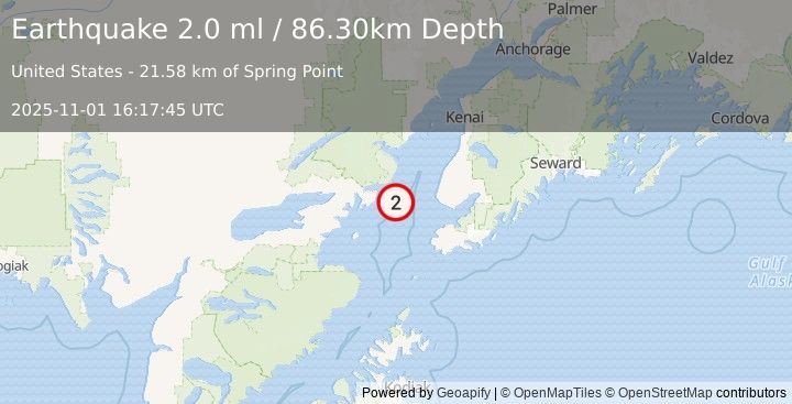 Earthquake 45 km W of Anchor Point, Alaska (2.0 ml) (2025-11-01 16:17:45 UTC)