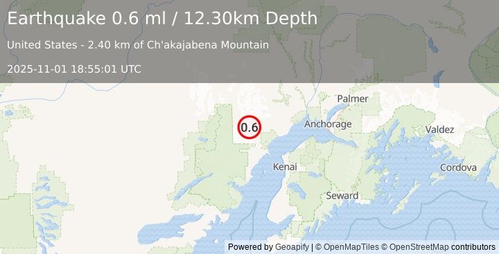 Earthquake 68 km W of Tyonek, Alaska (0.6 ml) (2025-11-01 18:54:58 UTC)