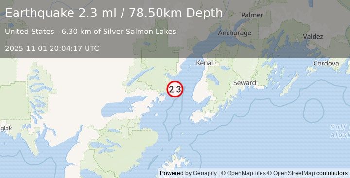 Earthquake 47 km WNW of Anchor Point, Alaska (2.3 ml) (2025-11-01 20:04:17 UTC)