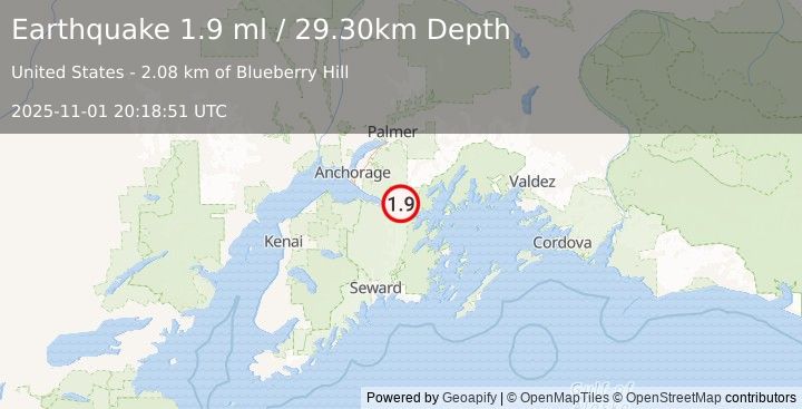 Earthquake 12 km ESE of Girdwood, Alaska (1.9 ml) (2025-11-01 20:18:51 UTC)
