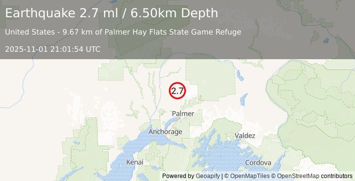 Earthquake 27 km ESE of Susitna North, Alaska (2.7 ml) (2025-11-01 21:01:54 UTC)
