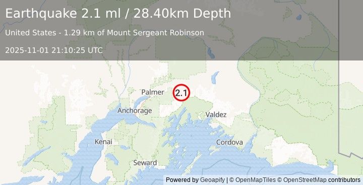 Earthquake 26 km SSW of Glacier View, Alaska (2.1 ml) (2025-11-01 21:10:25 UTC)