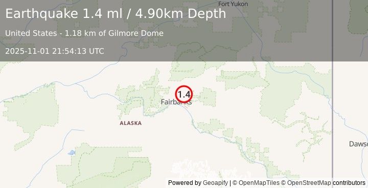 Earthquake 11 km E of Fox, Alaska (1.4 ml) (2025-11-01 21:54:13 UTC)