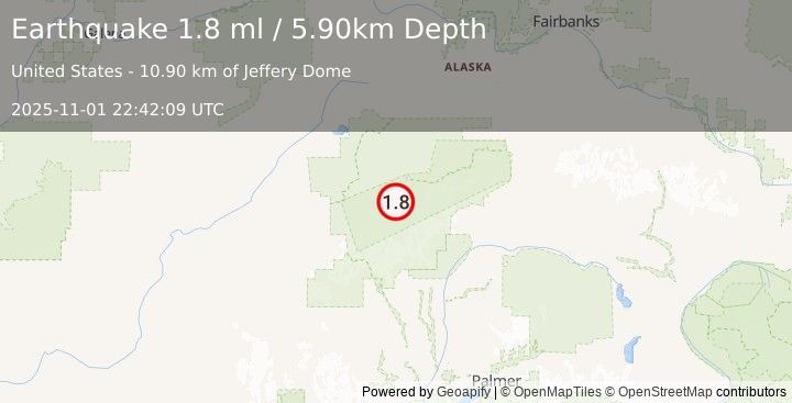 Earthquake 43 km SE of Denali National Park, Alaska (1.8 ml) (2025-11-01 22:42:09 UTC)
