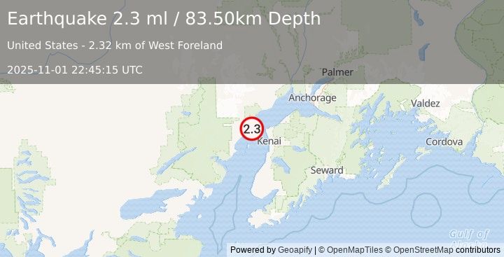 Earthquake 27 km W of Nikiski, Alaska (2.3 ml) (2025-11-01 22:45:16 UTC)