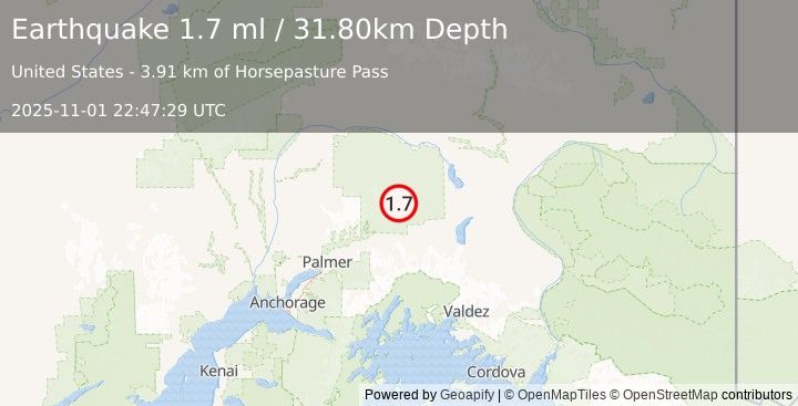 Earthquake 35 km NW of Eureka Roadhouse, Alaska (1.7 ml) (2025-11-01 22:47:29 UTC)