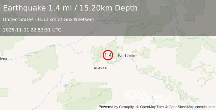 Earthquake 27 km N of Four Mile Road, Alaska (1.4 ml) (2025-11-01 22:53:51 UTC)
